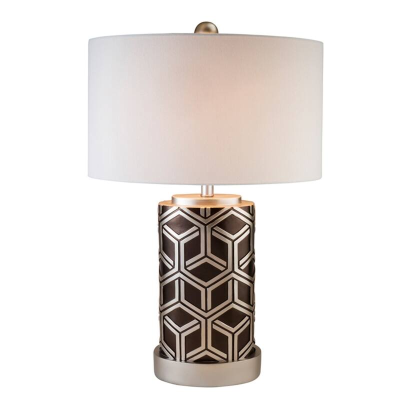 Brown and Silver Metal Bedside Table Lamp with White Cotton Drum Shade Rotary Switch - 18.50” x 13” x 29” (D x W x H) - Silver-White
