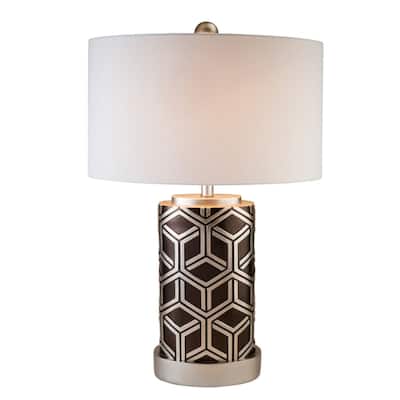 Brown and Silver Metal Bedside Table Lamp with White Cotton Drum Shade Rotary Switch - 18.50” x 13” x 29” (D x W x H)
