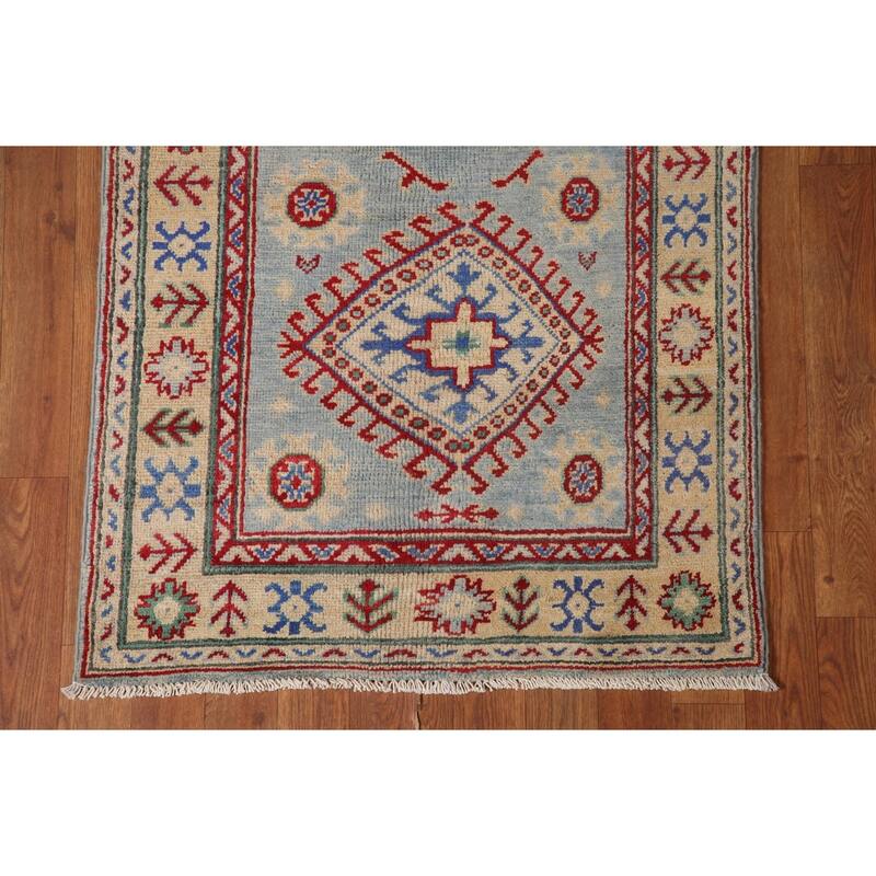 Light Blue Kazak Runner Rug Hand-Knotted Wool Carpet - 2'7" x 15'9"