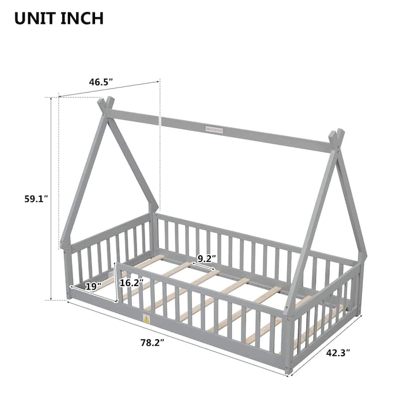 Grey Twin Size Pine Wood Tent-shaped Floor Teepee Bed with Guardrails