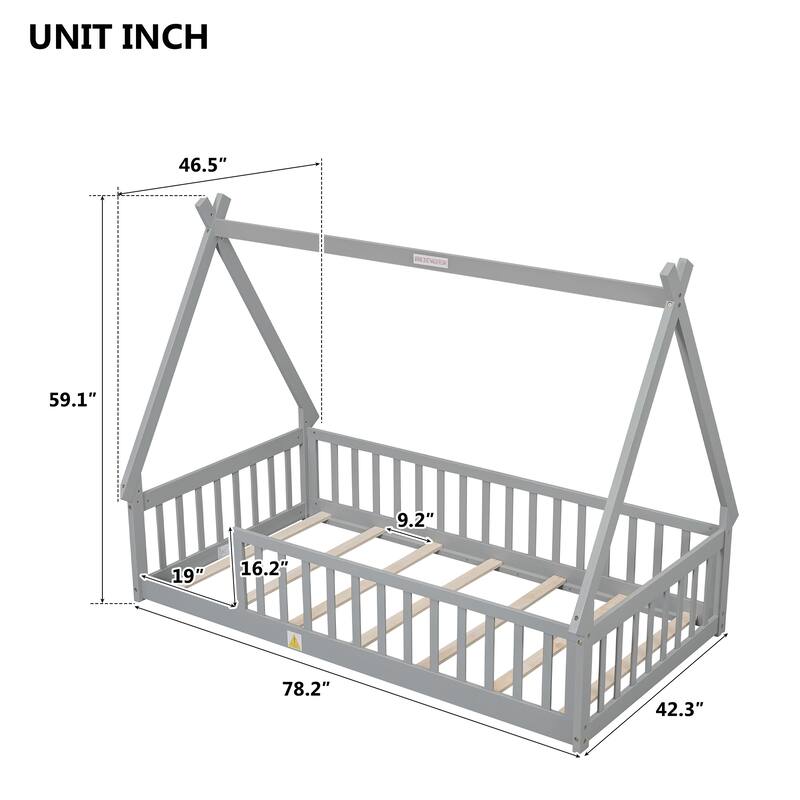 Twin Size Teepee Bed with Guardrails and Slats, Tent-Shaped Floor Bed