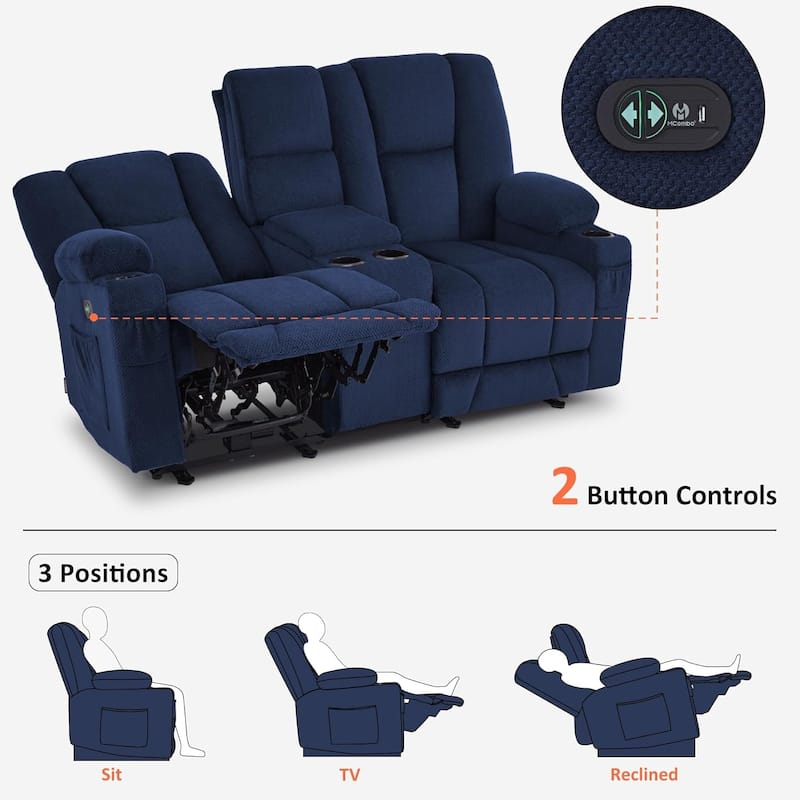 MCombo Electric Power Reclining Sofa with Massage and Lumbar Heat, Fabric 6015/6025/6035/6045