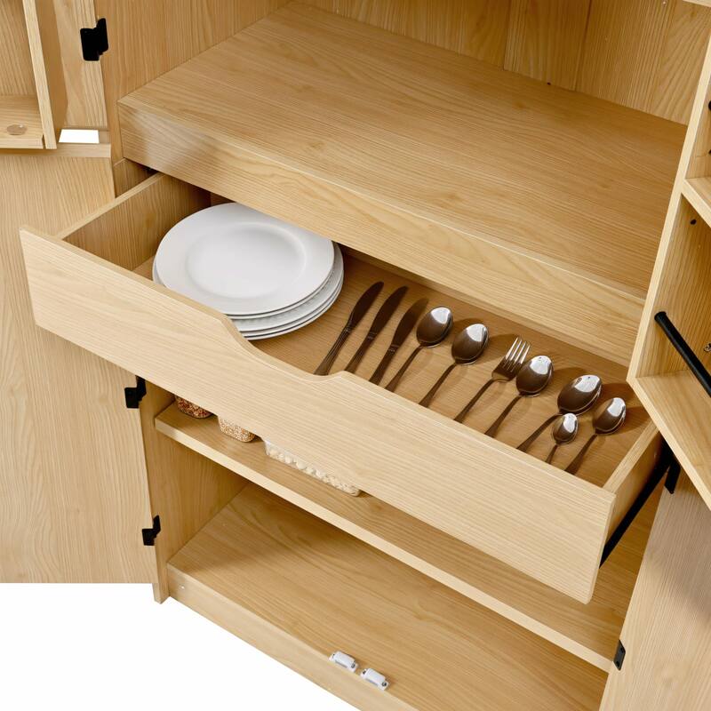 72" Tall Farmhouse Kitchen Pantry Cabinet, 8 Door Shelves, Curved Design Storage Cabinet with 3 Adjustable Shelves