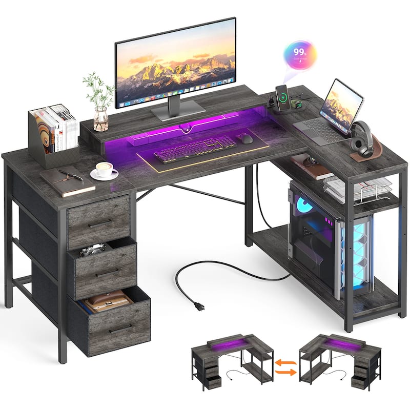 Reversible 53'' L Shaped Computer Desk with Power Outlets & LED Lights,Gaming Desk with 3 Drawers & Monitor Stand