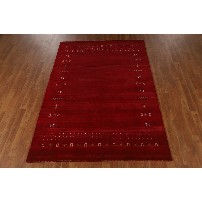 Hand Knotted Oriental 100% Wool Carpet Tribal Animal Pictorial Red Gabbeh Area Rug - 7' 6'' X 5' 0''