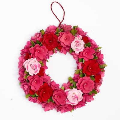 16" Red Wood Curl Wreath w/ Pink Roses - 16