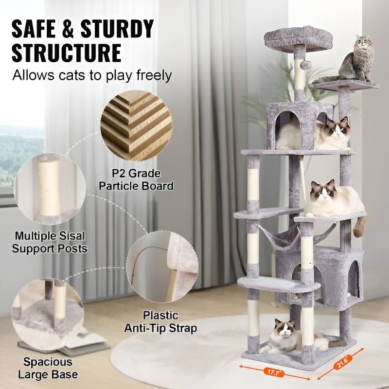 Light Grey Plush 9 Layer Cat Tree with Condos & Hammock Playset
