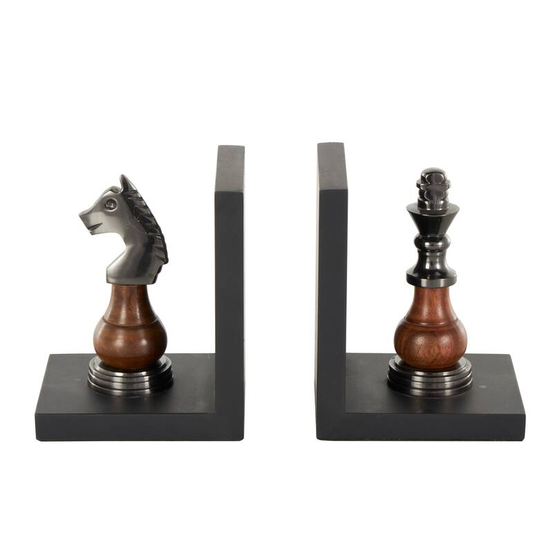 Black Aluminum Metal Chess Bookends with Aluminum Accents (Set of 2)