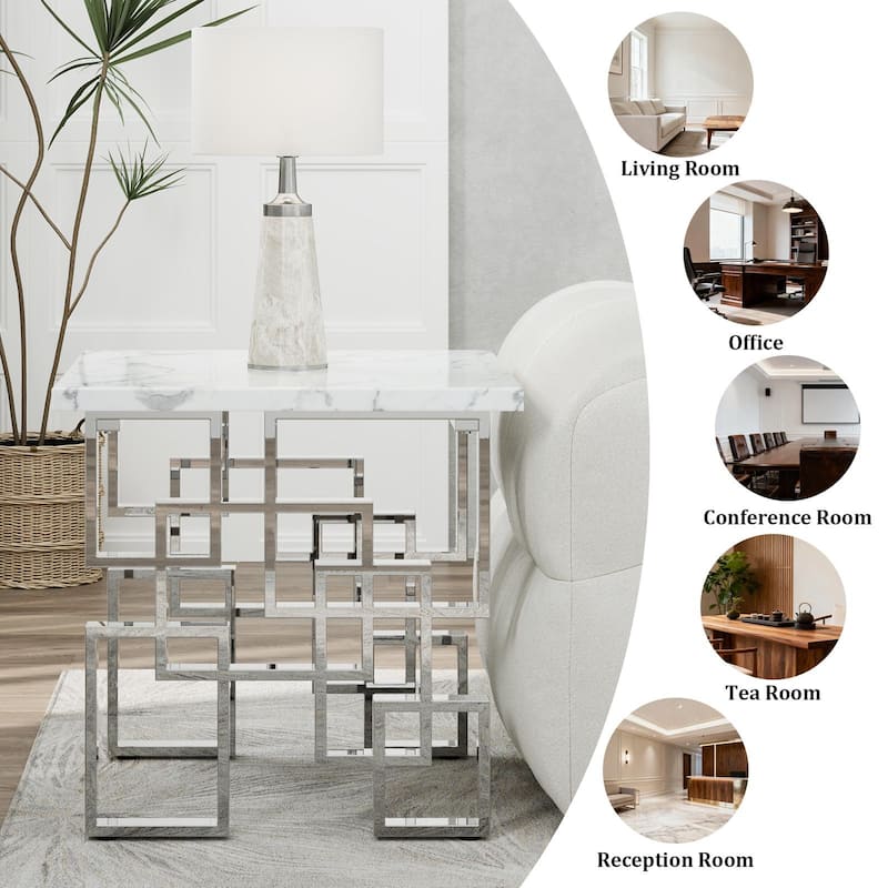 Modern End Table 23 inch Square Living Room Side Table with High Gloss Top and Mirrored Metal Geometric Base