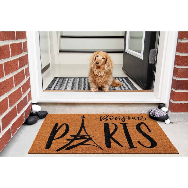 Sheltered Coconut Door Mat Printed Bonjour Paris 30x18 Natural