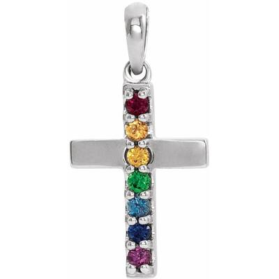 14k White Gold Genuine Multi-Gemstone Cross Pendant
