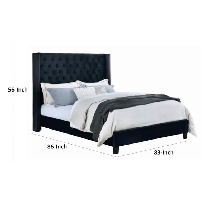 Hiu King Size Bed, Wingback Headboard in Black Velvet Like Upholstery