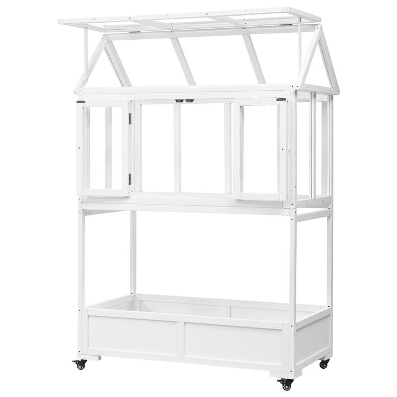 Garden Wood Portable Cold Frame with Movable Wheels Mini Greenhouse with Openable Roof and Storage Box