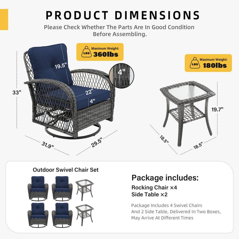 UPHA 6-Piece Patio Outdoor Wicker Swivel Rocking Chair Set with Side Table and Cushions