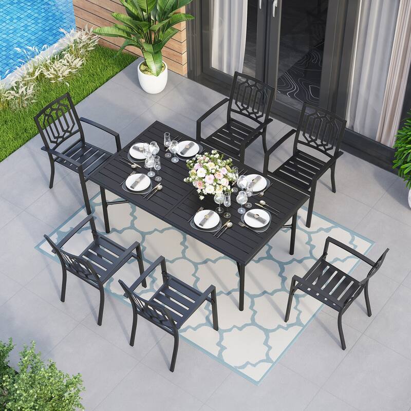 MAISON ARTS 7-Piece Metal Patio Dining Set With 1 Rectangular Table & 6 Stackable Dining Chairs - Fashion Chairs