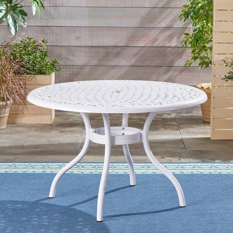 Dieter 4-Person White Aluminum Patio Set - Round Dining Table with Lattice Scrollwork