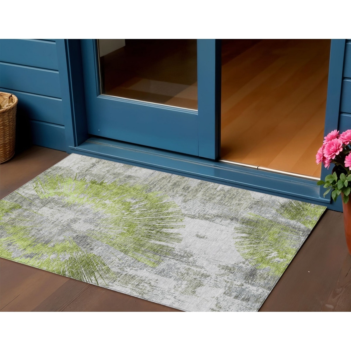 3' X 5' Artichoke Green Gray And Charcoal Abstract Washable Indoor Outdoor Area Rug - 3'6"