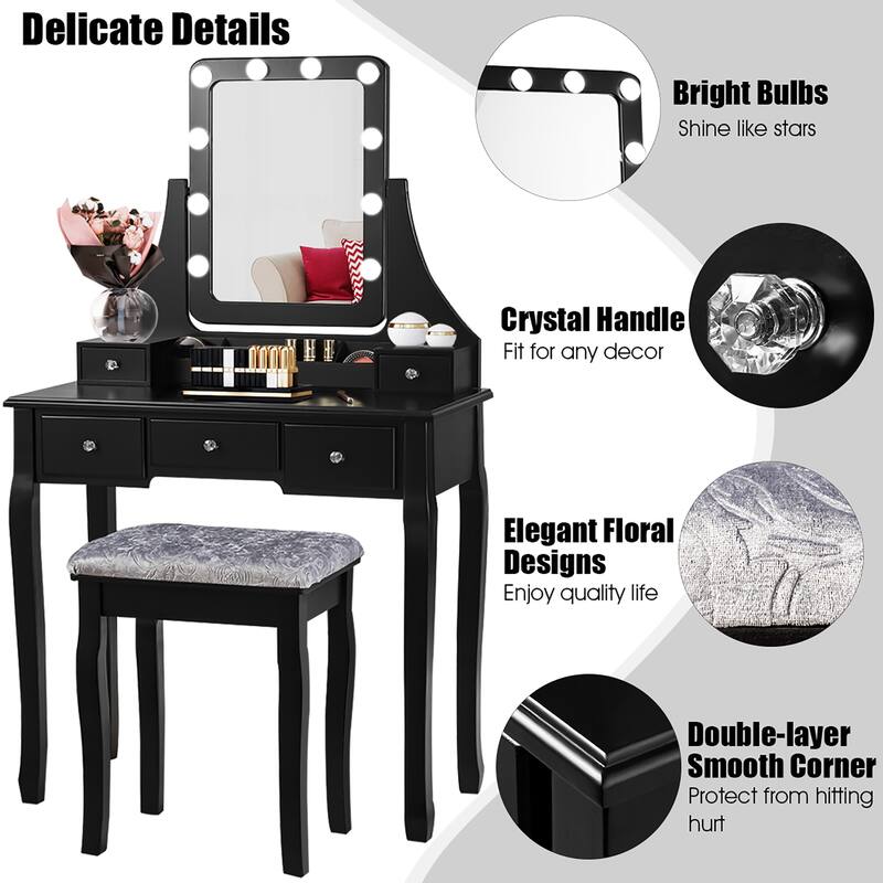 Costway Vanity Dressing Table Set w/ 10 Dimmable Bulbs Touch Switch