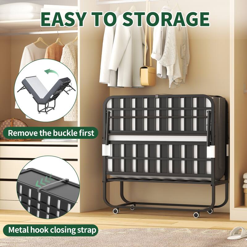 75" Wide Folding Bed with Adjustable Headboard, Extra Long Rollaway Bed, 5" Memory Foam Mattress, Heavy-Duty Guest Bed