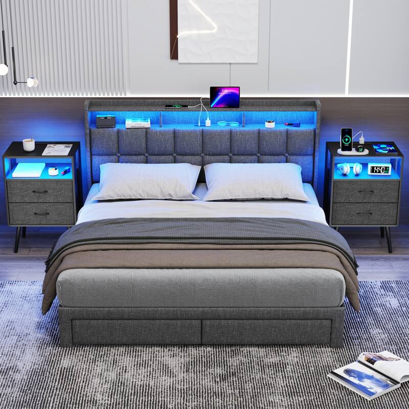 2 Pack Modern Nightstand with Charging Station, Bedside Tables with LED Light and Fabric Drawers