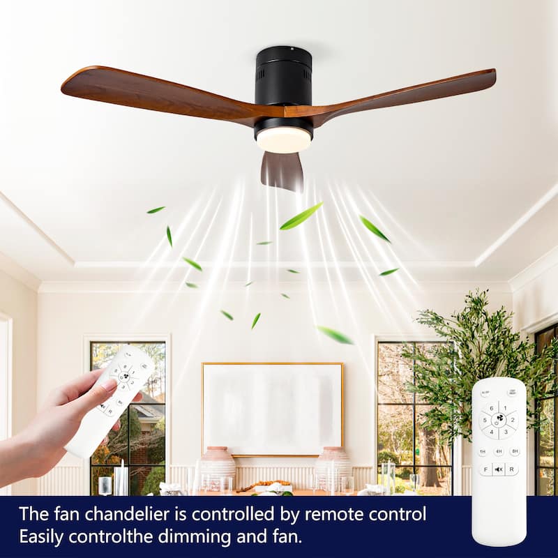 52 Inch Flush Mount Ceiling Fan with Lights and Remote Control, Wood Blades, Quiet DC Motor - Indoor/Outdoor - Black