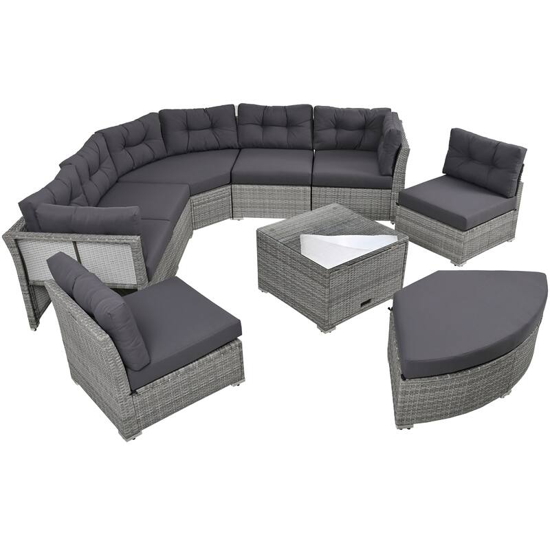 Outdoor Patio Rattan Sectional Set w/ Cushions & Table, Daybed Seating - Grey