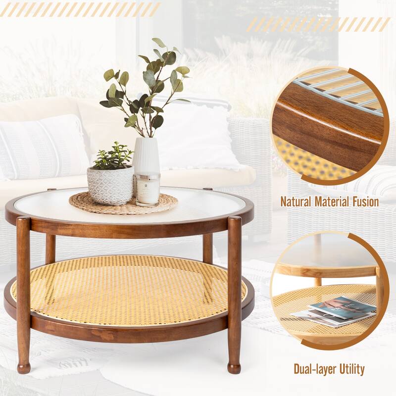 31.5in Rattan Coffee Table with Tempered Glass Top and Hand-Woven Shelf for Indoor Outdoor - 31.5” x 31.5” x 17.3”