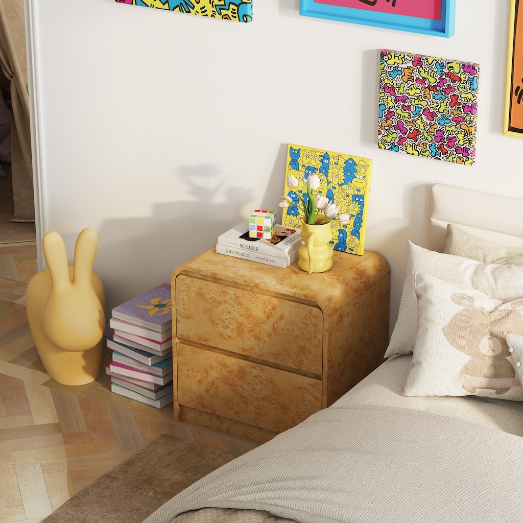 COZAYH Farmhouse Wood Nightstand, Rounded Edge Modern & Mid-Century Dresser, Burl Wood Finish in Natural