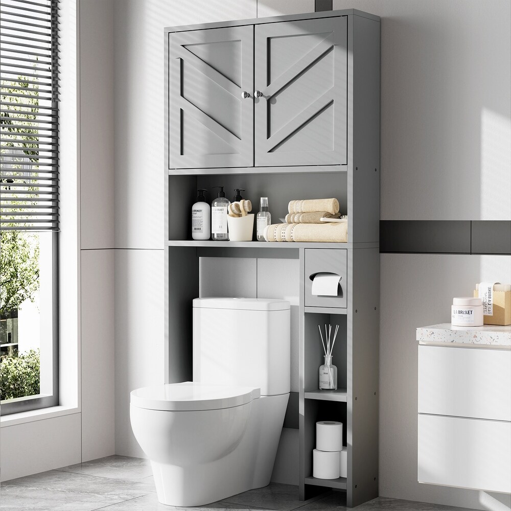 Kleankin Over The Toilet Storage Cabinet - Double Door Bathroom Organizer, Grey