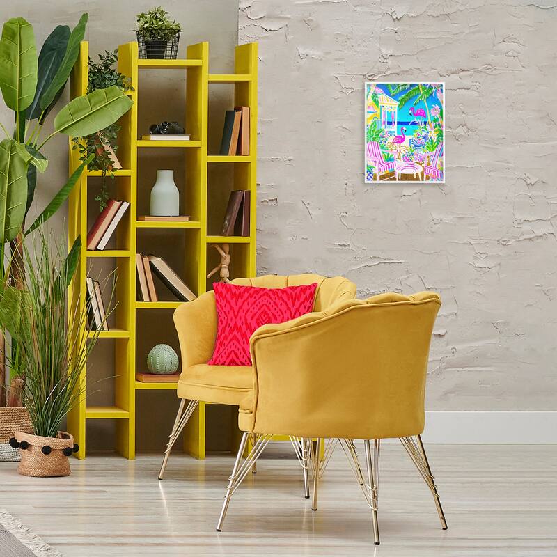 Stupell Vivid Flamingos on Tropical Beach Framed Giclee Art Design By Jess Stempel