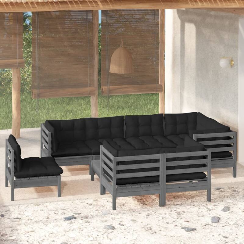 vidaXL Solid Pinewood Patio Lounge Set 9 Piece with Cushions Multi Colors - Grey