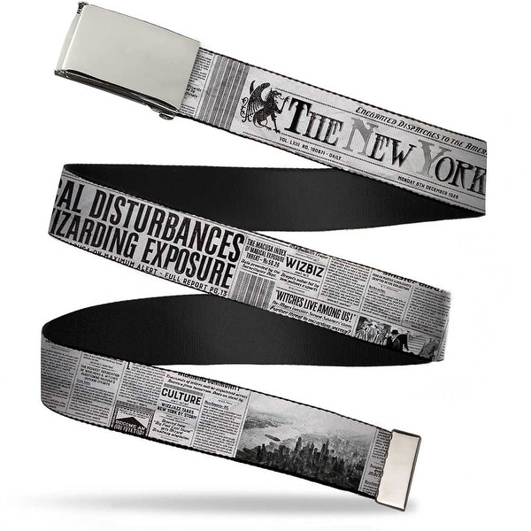 Blank Chrome Buckle The New York Ghost Newspaper Headlines White Grays Web Belt