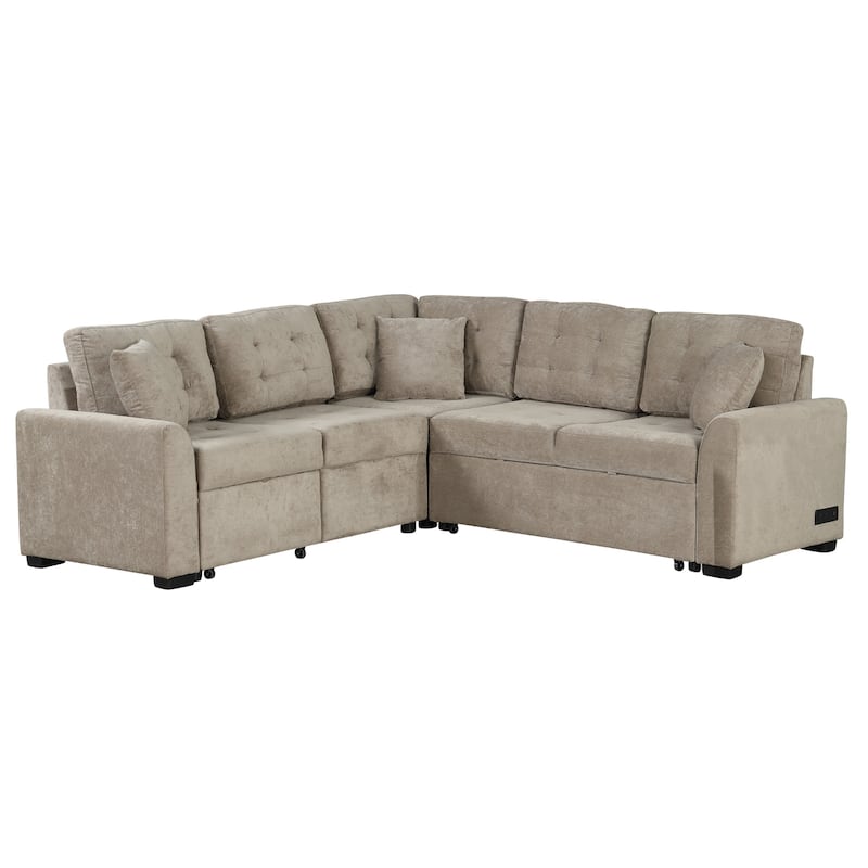 Roomfitters L-Shape Sofa Bed Pull-Out Sleeper with Wheels, USB Ports, and Power Sockets, Versatile Living Room Solution, Khaki