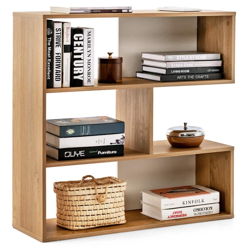 Natural Engineered Wood Geometric Bookshelf with Open Storage Shelves for Living Room or Office - 33" x 11.5" x 33" (L x W x H)