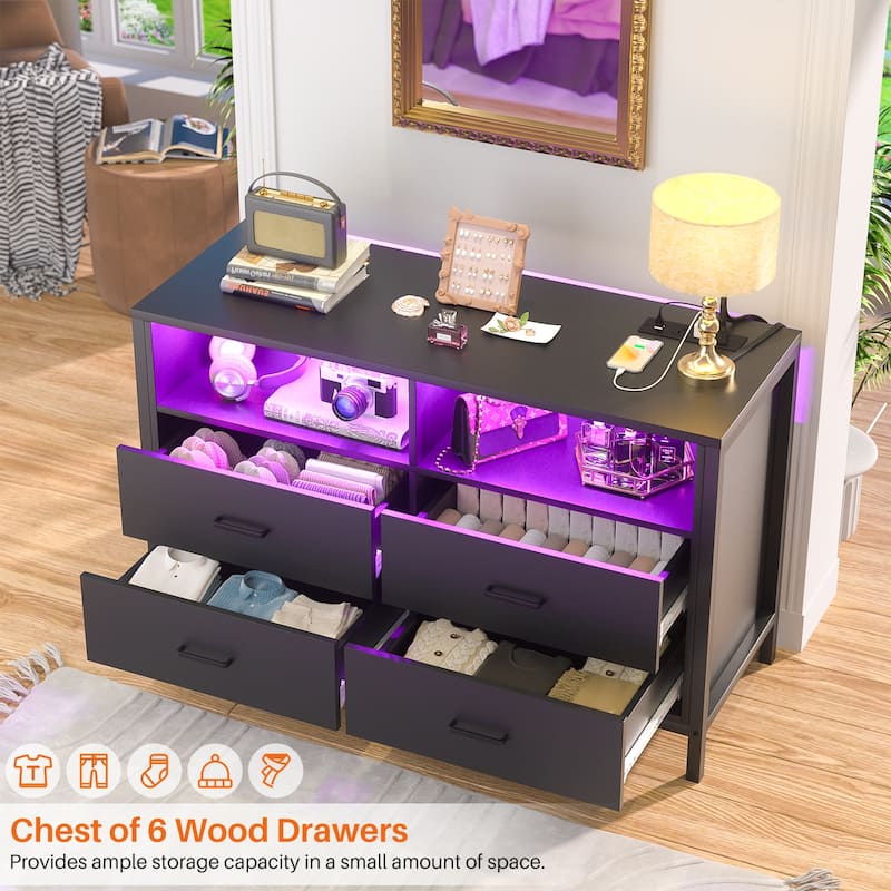 Chest of Drawers with LED Lights and Outlets,Wood Drawer Dresser for Clothes Storage