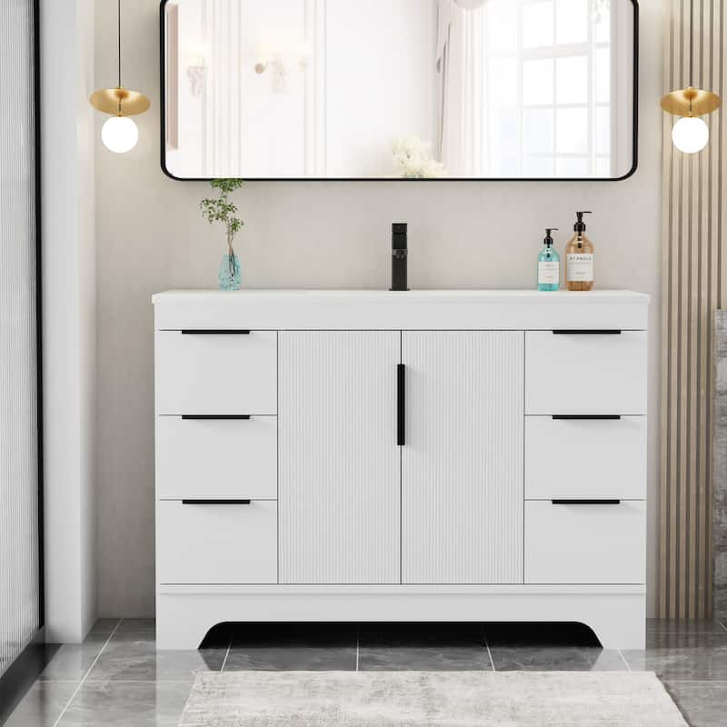 Vertical Stripes Bathroom Vanity Set with Sink Top & Faucet - 48"Single Sink - White-48"Single Sink