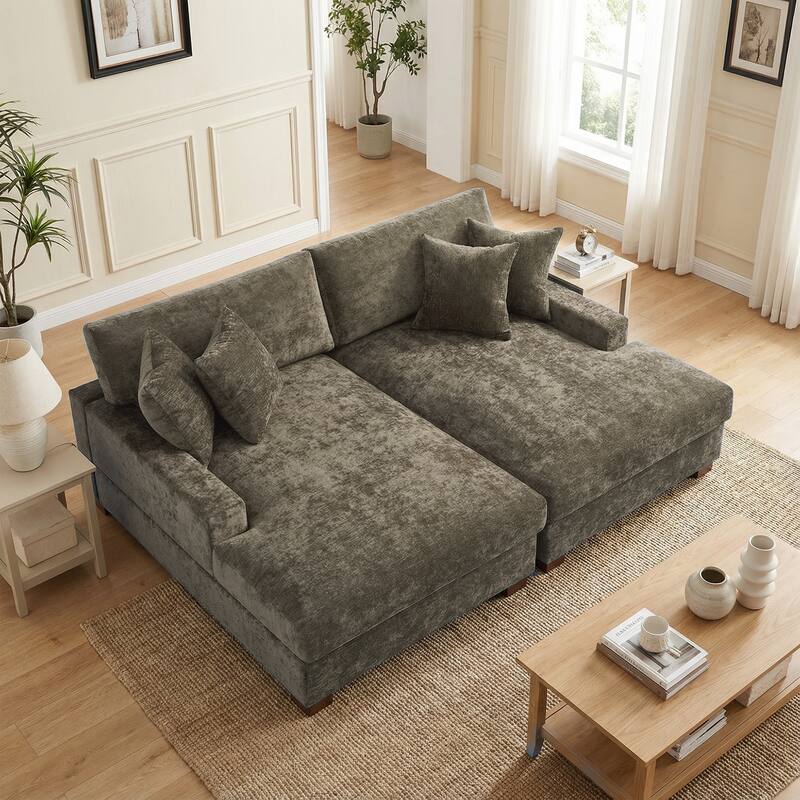 2 Set Chenille Upholstered Modular Sectional Sofa Chaise with Pillows