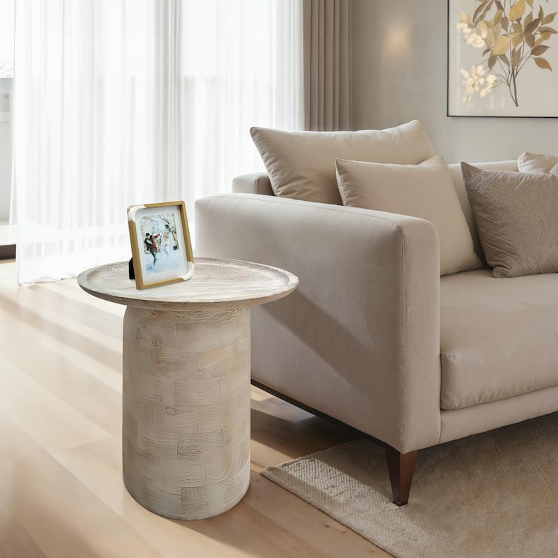 Joana Side End Table, Sandblasted Distressed White Mango Wood, 17 Inch Round Top