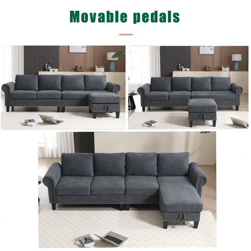 Convertible L-shaped Linen Fabric Sectional Sofa with Storage