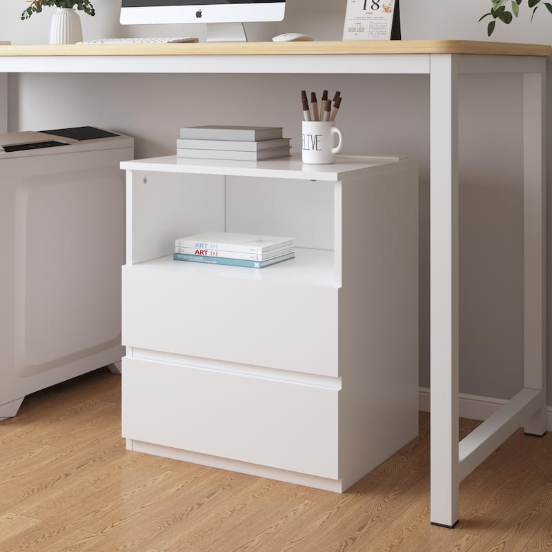 Nightstand with Charging Station, Sofa Side Table with Open Shelves & 2 Drawers, Large Capacity Wood Storage Cabinet