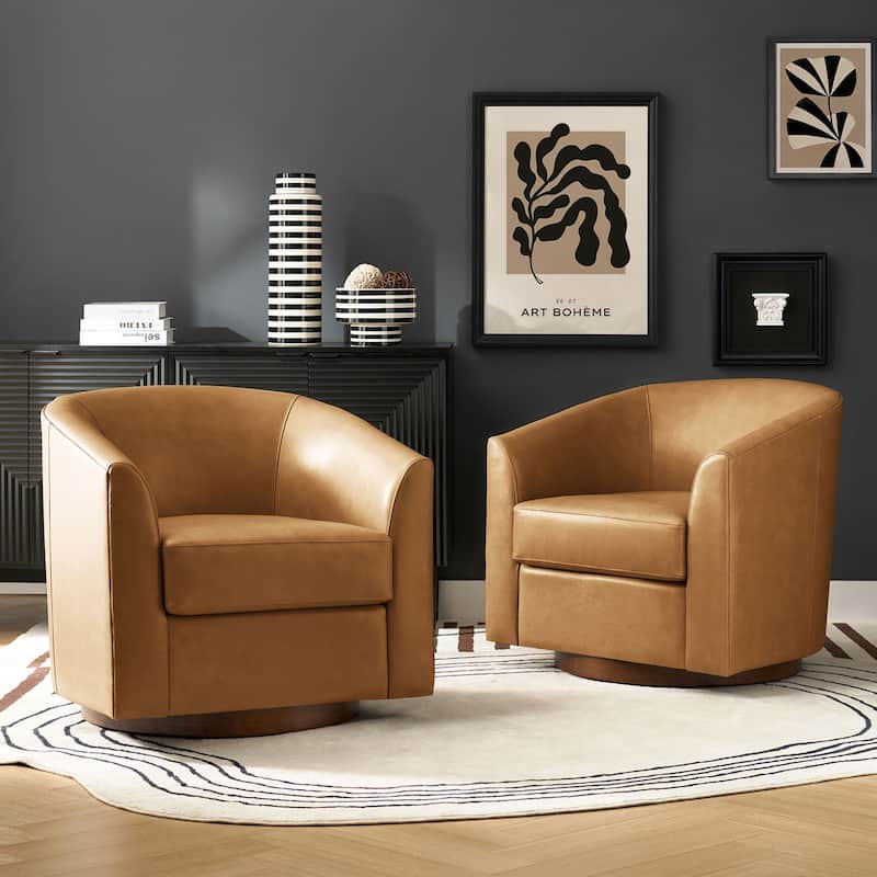 Althea Modern Genuine Leather Swivel Barrel Chair with Solid Wood Base Set of 2 By HULALA HOME - Camel