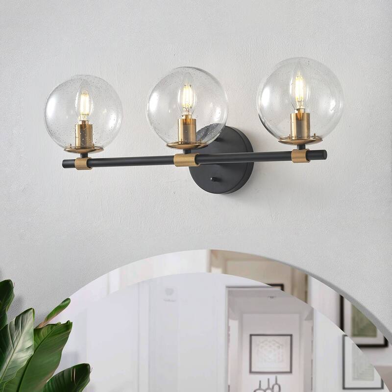 Matte Black 3-Light Vanity Light with Clear Globe Glass Shades for Bathroom Mirror