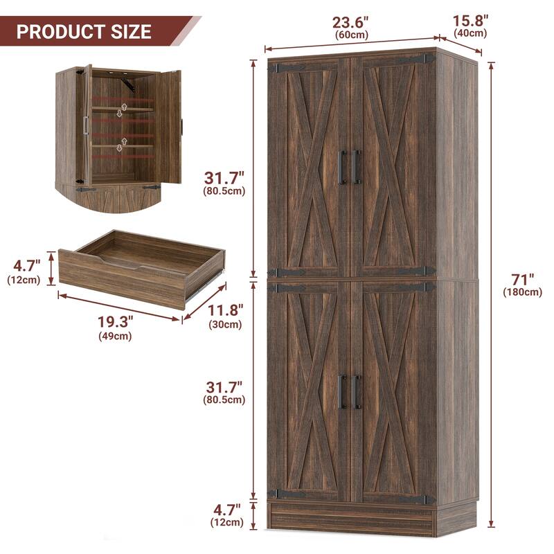 71" Kitchen Pantry with 4 Doors ＆ Large Drawer，Storage Cabinet with 6 Adjustable Shelves for Dining Room Living Room