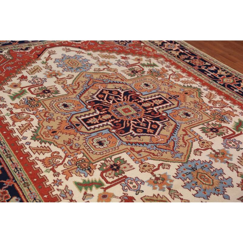 Geometric Ivory Heriz Serapi Indian Area Rug Handmade Wool Carpet - 7'9"x 10'2"