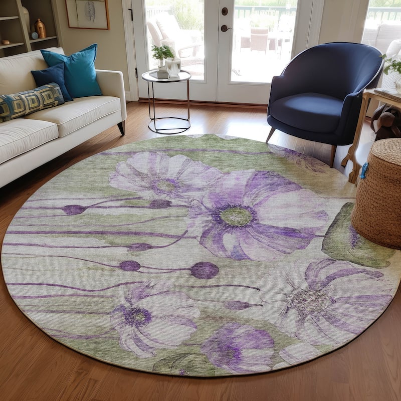 Machine Washable Indoor/ Outdoor Chantille Modern Floral Rug - Purple - 8' x 8'