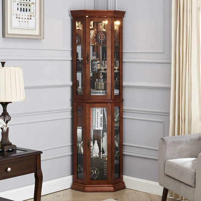 Display Cabinet, Corner Curio Cabinet with Adjustable Tempered Glass Shelves