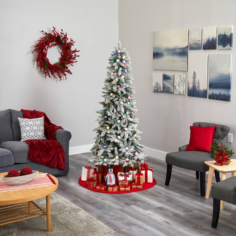 6.5' Pre-Lit Artificial Flocked British Columbia Fir Christmas Tree, Multicolor Lights - 6.5 Foot