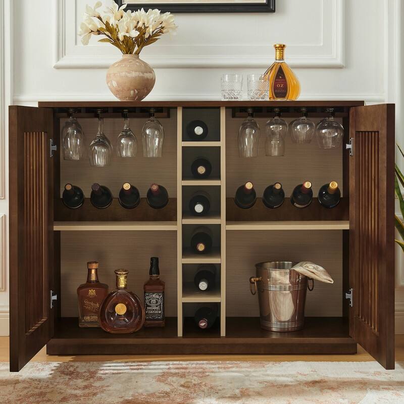 Mid Century Modern Fluted Buffet Cabinet with Wine Glass Holder and Wine Rack