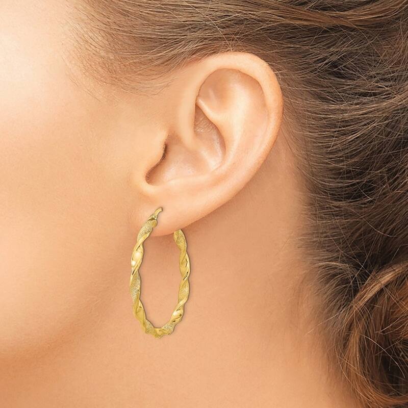 Curata 14k Yellow Gold Polished and Textured 37.75x3mm Twisted Hoop Earrings
