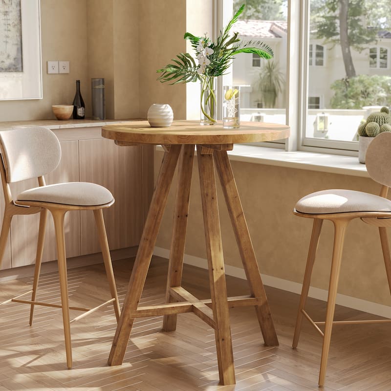 Solid Wood Bar Table, 31.5" Round Pub Bistro Table - Brown